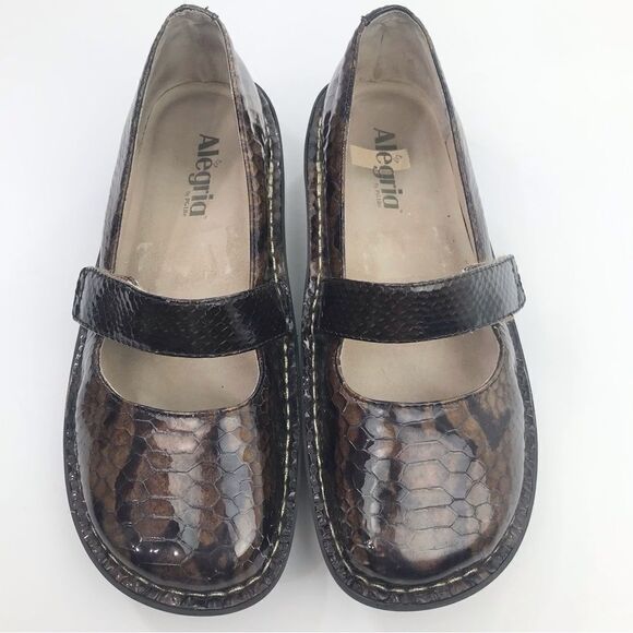 Alegria FELIZ 713 Brown Patent Leather Snakeskin Print Mary Jane Support Shoes - Picture 2 of 16